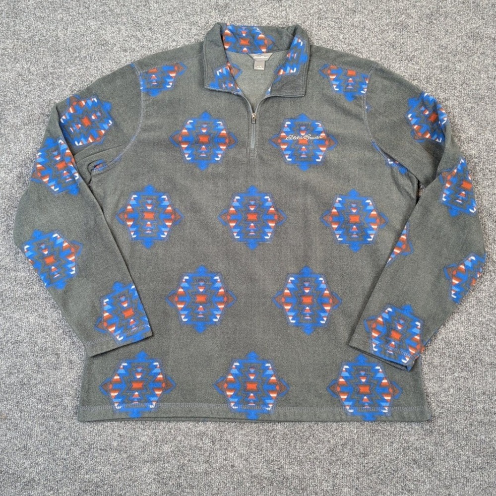 Eddie Bauer Mens XL Gray Geometric Southwestern Print‎ 1/4 Zip Fleece Pullover